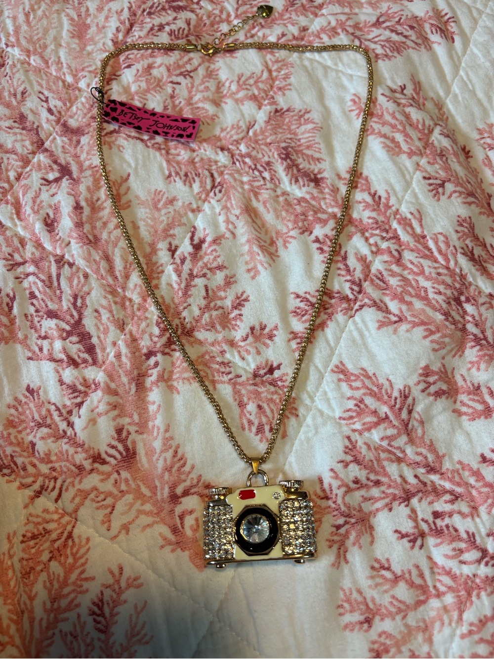 Betsey Johnson Gold Tone Camera Necklace with White Enamel and Clear Crystals
